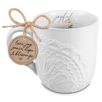2pk -Mug Lace Textured Joyful White 16 oz - (Pack of 2)
