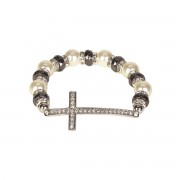 BRACELET CZ CROSS PEARL/ONYX SIL PLT BRACELET CZ CROSS PEARL/ONYX SIL PLT
