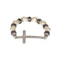 BRACELET CZ CROSS PEARL/ONYX SIL PLT BRACELET CZ CROSS PEARL/ONYX SIL PLT