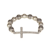 Bracelet CZ Curved Cross Gray Pearl