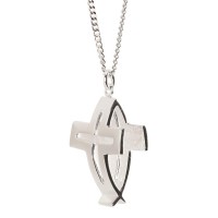 OPEN CROSS/FISH SILVER PLATE 24" CHAIN