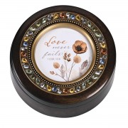 Music Box Round Jeweled Love Never Fails