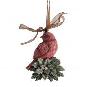 12pk -Ornament Redbird On Holly Red Ribbon 4H - Pack of 12