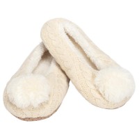 2pk -Women's Ivory Cream Knit Pom-Pom Slipper - (Pack of 2)