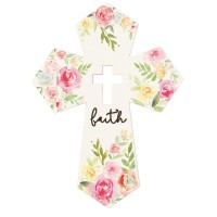 2pk -Wall Cross White Floral Faith Wood - (Pack of 2)