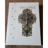 NABre Jeweled Catholic Wedding Bible-White with Blue/green stones