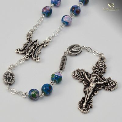 Miraculous Medal Silver Plated Rosary 6 mm Floral Glass Beads Ghirelli -  - 14877