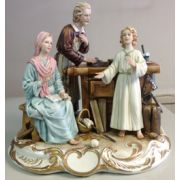 Capodimonte Holy Family-Workbench, Painted Porcelain Statue, 11x10in.