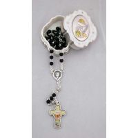 Communion Box w/Black Rosary, Glass Cross
