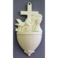 Communion Holy Water Bowl Font w/Lilies & Chalice, White Alabaster