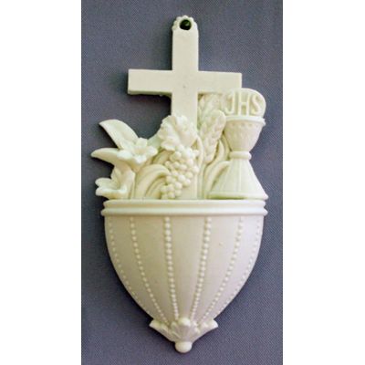 Communion Holy Water Bowl Font w/Lilies & Chalice, White Alabaster -  - AF-2225-W