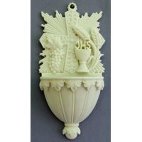 Communion Holy Water Bowl Font w/Wheat & Chalice, White Alabaster