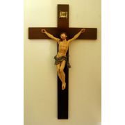 Crucifix, Painted Alabaster Corpus, Wood Cross, 39.5in..