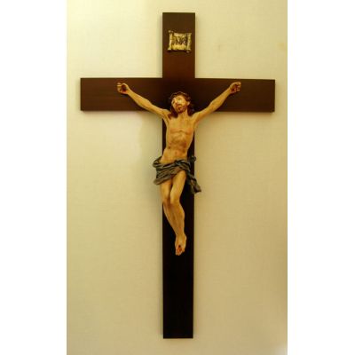 Crucifix, Painted Alabaster Corpus, Wood Cross, 39.5in.. -  - I-1015