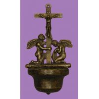 Crucifixion w/Angels Holy Water Bowl Font, Antiqued Brass, 12 In.