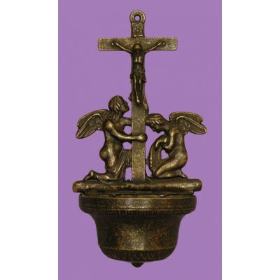 Crucifixion w/Angels Holy Water Bowl Font, Antiqued Brass, 12 In. -  - B-313-A