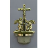 Crucifixion w/Angels Holy Water Bowl Font, Shiny Brass, 12.25 Inch