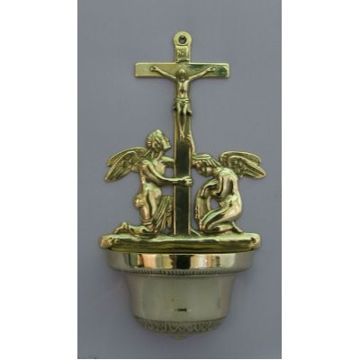 Crucifixion w/Angels Holy Water Bowl Font, Shiny Brass, 12.25 Inch -  - B-313-L