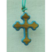 Ornate Wood Cross Necklace w/Light Blue Border, 34 Inch String