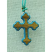 Ornate Wood Cross Necklace w/Light Blue Border, 34 Inch String