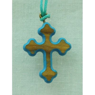 Ornate Wood Cross Necklace w/Light Blue Border, 34 Inch String -  - PG156LTBL