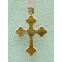 Ornate Wood Cross Necklace w/Pink Border, 34 Inch String