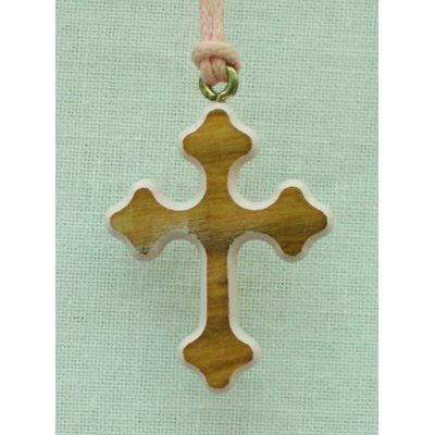 Ornate Wood Cross Necklace w/Pink Border, 34 Inch String -  - PG156PK