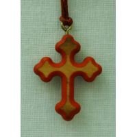 Ornate Wood Cross Necklace w/Red Border, 34 Inch String