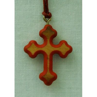 Ornate Wood Cross Necklace w/Red Border, 34 Inch String -  - PG156RD