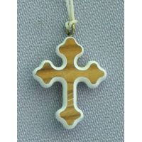 Ornate Wood Cross Necklace w/White Border, 34 Inch String