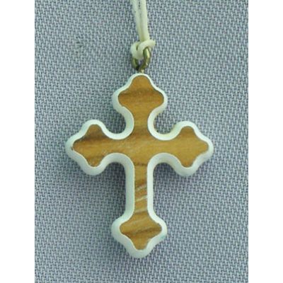 Ornate Wood Cross Necklace w/White Border, 34 Inch String -  - PG156WHT