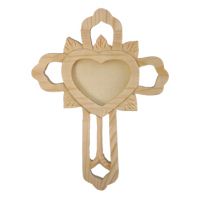 Ornate Wood Cross w/Heart Shape Photo Insert 8.5 Inch Tall