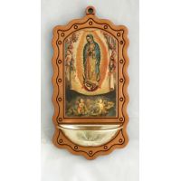 Our Lady Of Guadalupe, Wood/Gold Church Holy Water Bowl Font