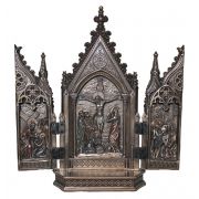 Crucifixion Triptych In Cast Bronze, Open 8.5x8 Inch