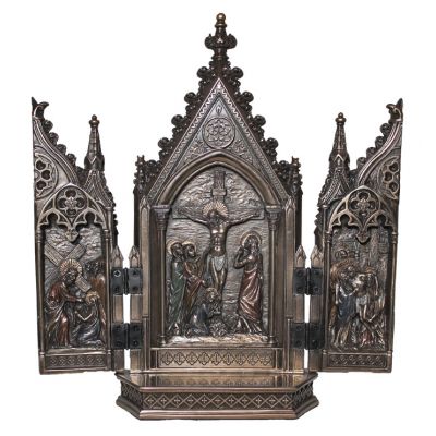 Crucifixion Triptych In Cast Bronze, Open 8.5x8 Inch -  - SR-76234