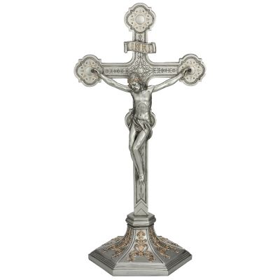 Ornate Crucifix, STANDING, Pewter Finish, Golden Highlights, 22.5" -  - SR-75543-PE