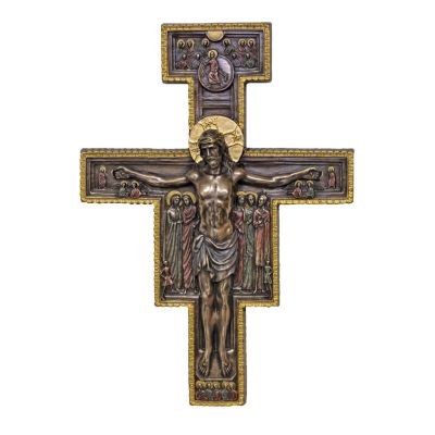 San Damian crucifix, lightyly hand-painted, cold cast bronze, 10" -  - SR-76405