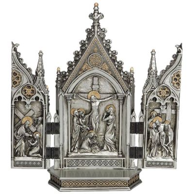 Calvary Triptych, Pewter Style Finish, Golden Highlights, 7.25x8" -  - SR-76234-PE