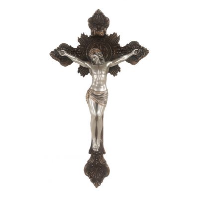 St. Benedict Crucifix, Pewter Style Corpus, Bronze Cross, 14" -  - SR-76590-BS