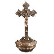 Crucifixion font, lightly hand-painted, bronze, Stands/hangs, 9"