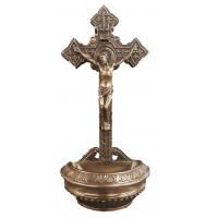 Crucifixion font, lightly hand-painted, bronze, Stands/hangs, 9"