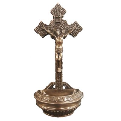 Crucifixion font, lightly hand-painted, bronze, Stands/hangs, 9" -  - SR-77269
