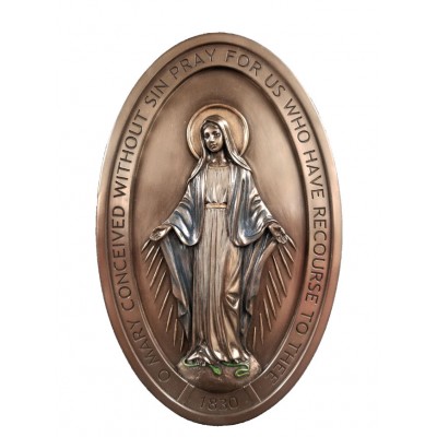 Miraculous Medal plaque, lightly hand-painted cold cast bronze, 5x8" - - SR-72717 Miraculous Medal plaque, lightly hand-painted cold cast bronze, 5x8" - - SR-72717