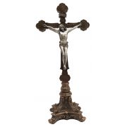 Standing Double Sided Crucifix, bronze cross, pewter corpus, 12.5"