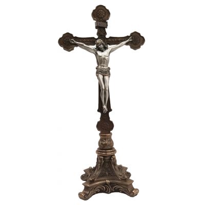Standing Double Sided Crucifix, bronze cross, pewter corpus, 12.5" -  - SR-77271-BS