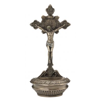 St. Benedict Crucifixion Font, Lightly Painted, Bronze, Stands/hangs -  - SR-77375