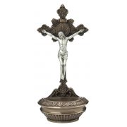 St. Benedict Crucifixion font, bronze, pewter corpus, 9.5 Stands/hangs