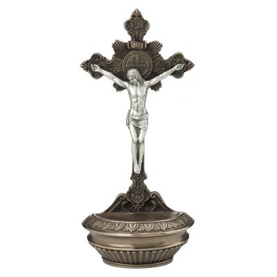 St. Benedict Crucifixion font, bronze, pewter corpus, 9.5 Stands/hangs -  - SR-77375-BS