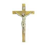 Crucifix, hand-painted alabaster, gold leaf, 9.5"