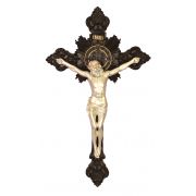 St. Benedict Crucifix, Pewter Style Corpus, Black Cross, 8x14"